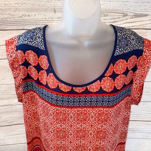 DR2 Blue, Red, and Pink Printed Short Sleeved Blouse Shirt Top Size Small